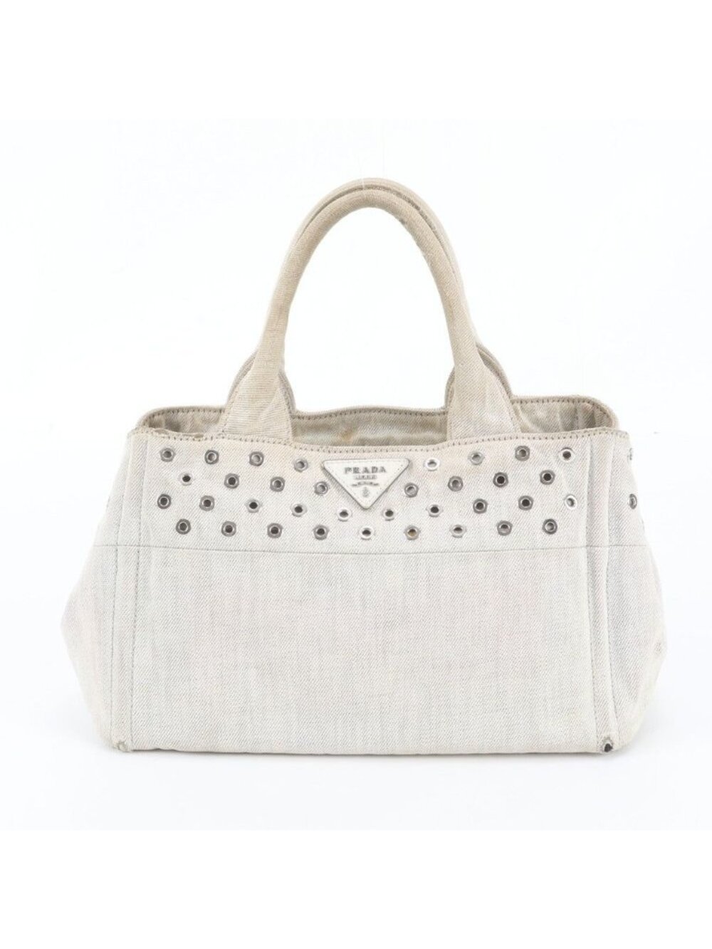 Prada Canapa Perforated Triangle Logo Leather Tote Bag Shoulder